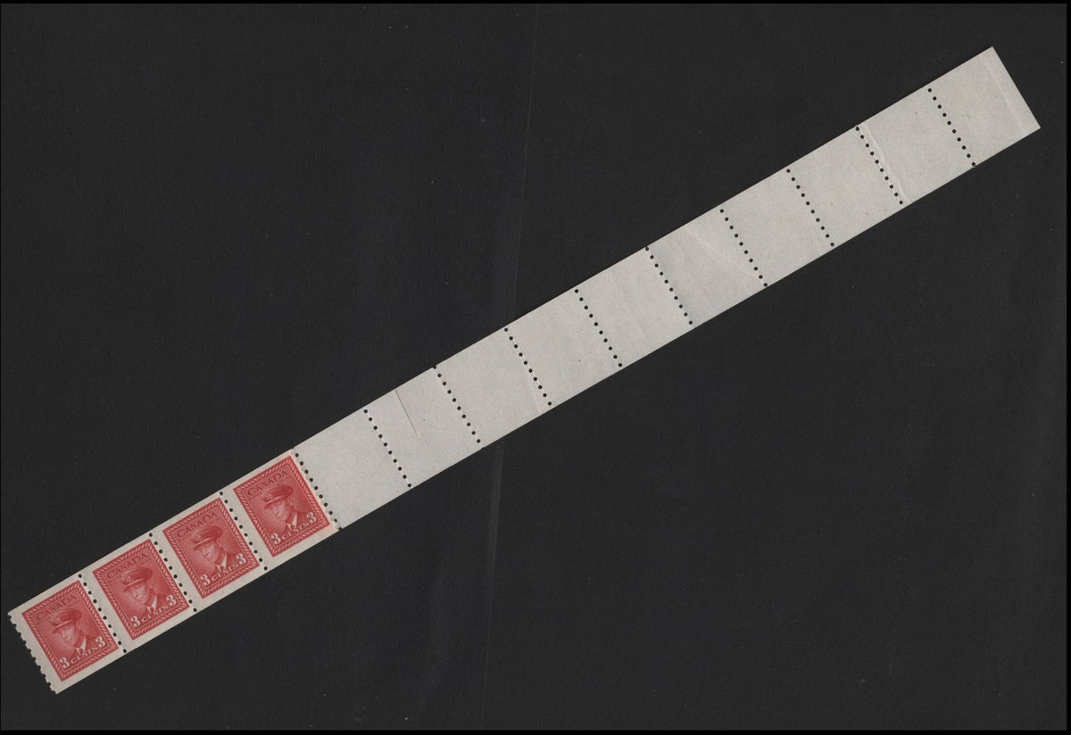Lot 399 Canada (C) #265 3c Carmine , 1942-1943 KGVI War Issue Coils, A FNH Strip of +10 Labels, CBN-LLLLLL Paper, Three of The Labels Are Damaged (One With Scissor Cut, 2 Are Creased), Much Scarcer Than A Shorter Strip.