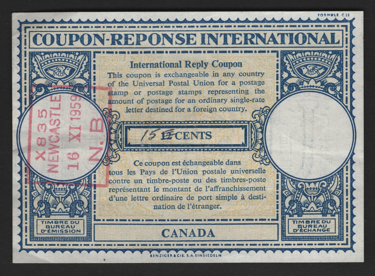 Lot 400 Canada (C) #12, International Reply Coupon, A Fine Used Example, 12c Face Value Revalued to 15c, November 16 1959 Newcastle NB Cancel, Light Horizontal Crease.