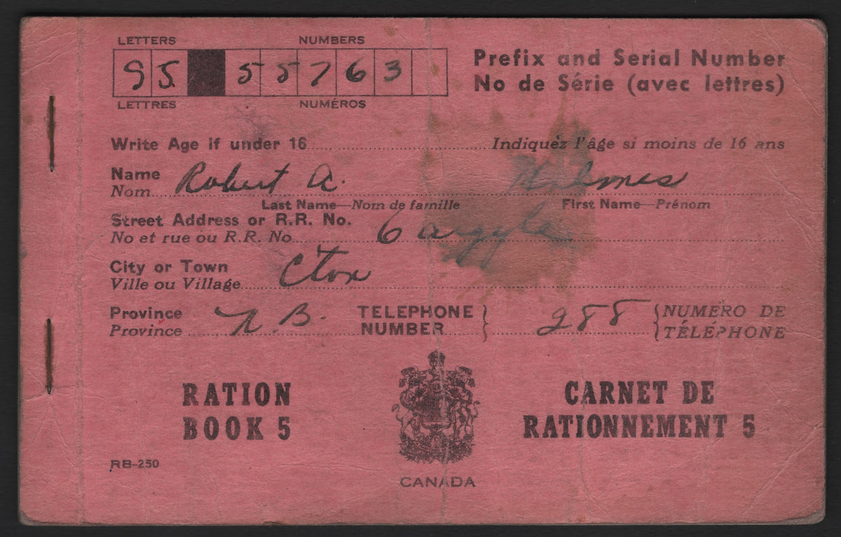 Lot 402 Canada (C)  1944 Ration Books, A VFOG Book, October 1944 Used Ration Book #5, Some Coupons Remaining, Though Just Generally Just 2 Pages, Heavily Worn Covers.