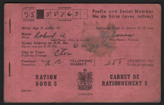Lot 402 Canada (C)  1944 Ration Books, A VFOG Book, October 1944 Used Ration Book #5, Some Coupons Remaining, Though Just Generally Just 2 Pages, Heavily Worn Covers.