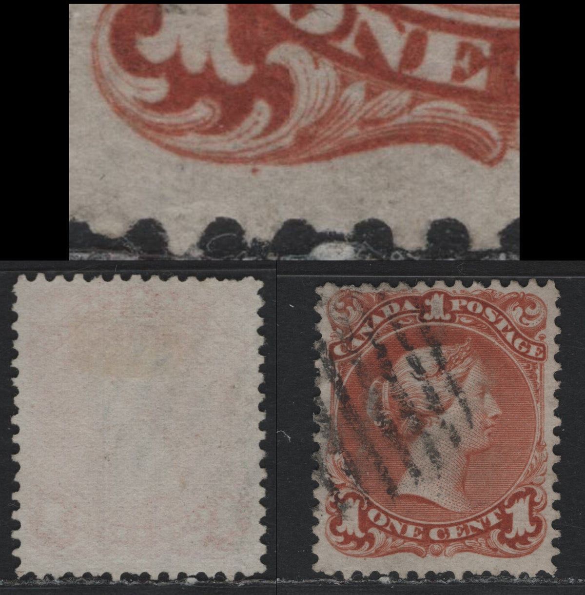 Lot 308 Canada #22b 1c Venetian Red , 1868-1876 Large Queen Issue, A Very Good Used Single, Thin Paper With Clear Mesh (FO-T), Perf 11.9x12, Also Shows Guide Dot Below 3rd Scallop Of LL Ornament.