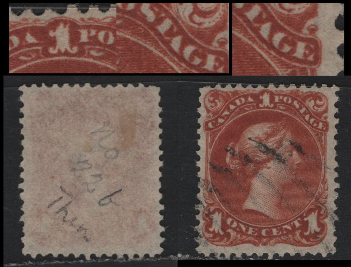 Lot 309 Canada #22bvar 1c Deep Brown Red , 1868-1876 Large Queen Issue, A Fine Used Single, Thin Duckworth Paper 1 (FO-W), Unlisted Re-Entry In '1', A & E of Postage, Also Shows Guide Dot Below 3rd Scallop Of LL Ornament.