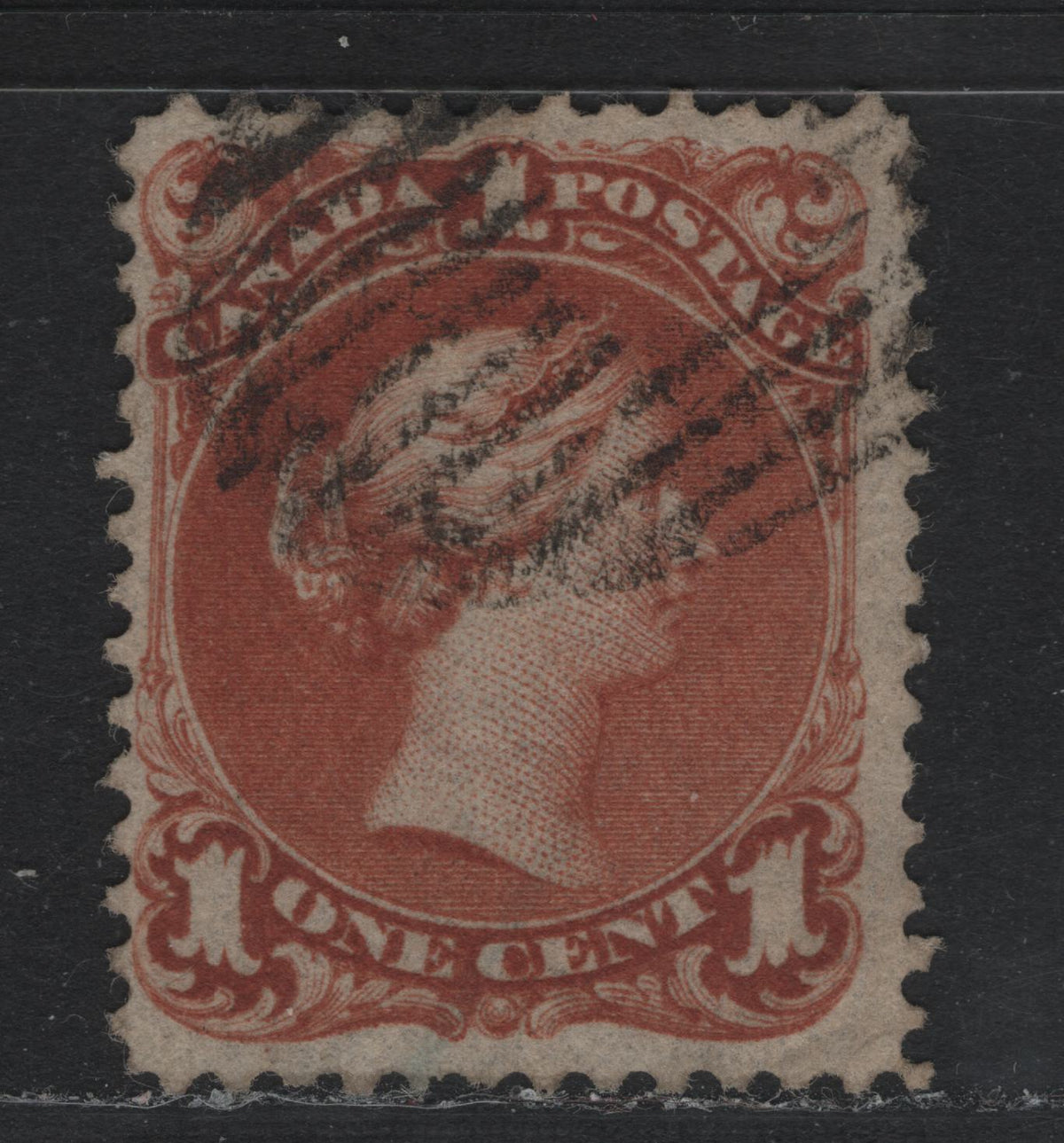 Lot 310 Canada #22b 1c Deep Brown Red , 1868-1876 Large Queen Issue, A Fine Used Single, Thin Duckworth Paper 1 (FO-W), Perf 11.85x12, Showing Faint Pos. Dot Under 3rd Scallop Of LL Ornament.