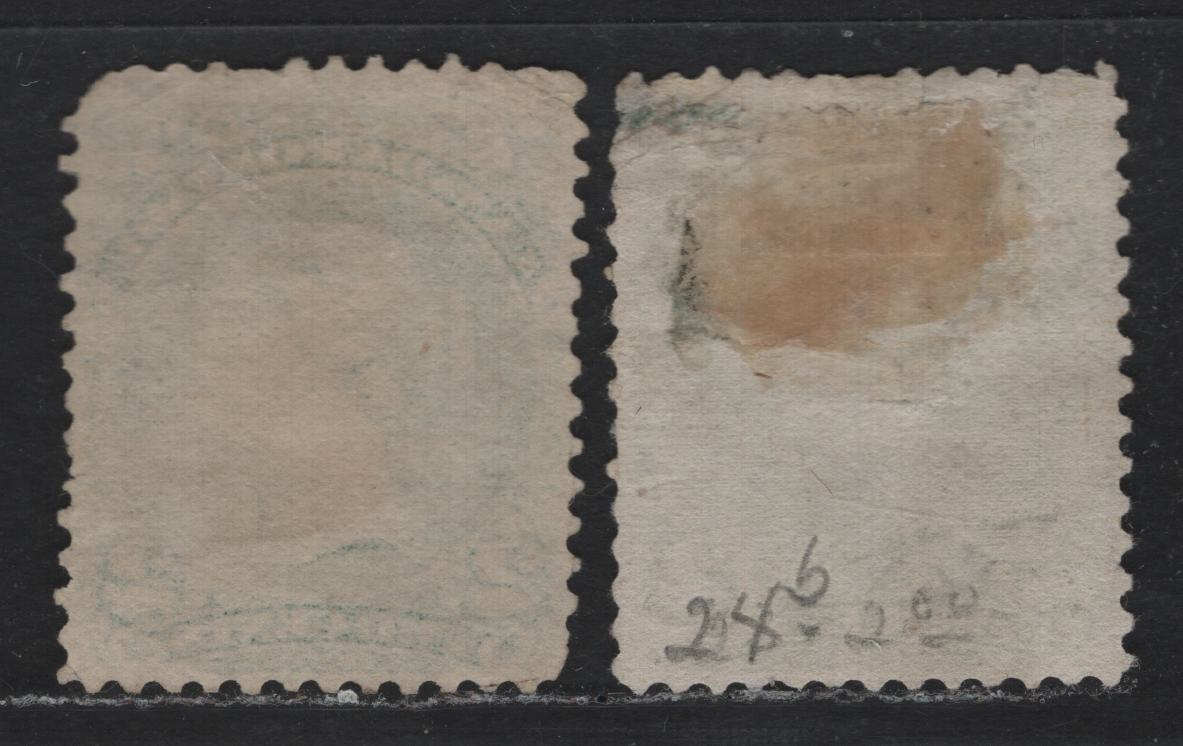 Lot 317 Canada #24i, 24 2c Milky Emerald Green - Green , 1868-1876 Large Queen Issue, 2 Good/Very Good Used Singles, Soft Opaque Paper (FO-FI) & FO-D Papers, Perfs 12, Minor Faults On Both Stamps.