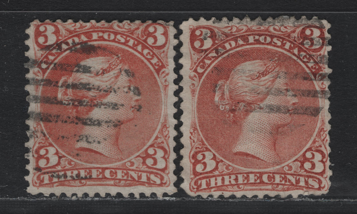 Lot 321 Canada #25 3c Indian Red - Copper Red , 1868-1876 Large Queen Issue, 2 Very Good Used Singles, FO-T & FO-D Papers, Perfs 11.9x12 & 12