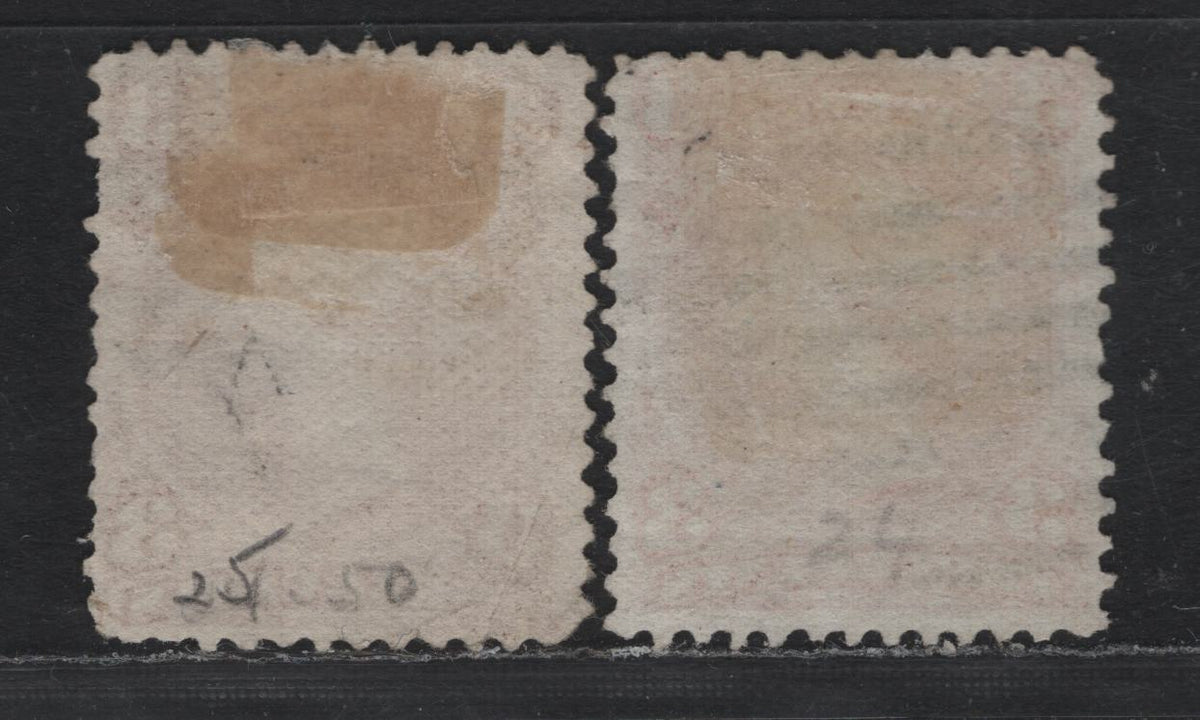 Lot 321 Canada #25 3c Indian Red - Copper Red , 1868-1876 Large Queen Issue, 2 Very Good Used Singles, FO-T & FO-D Papers, Perfs 11.9x12 & 12