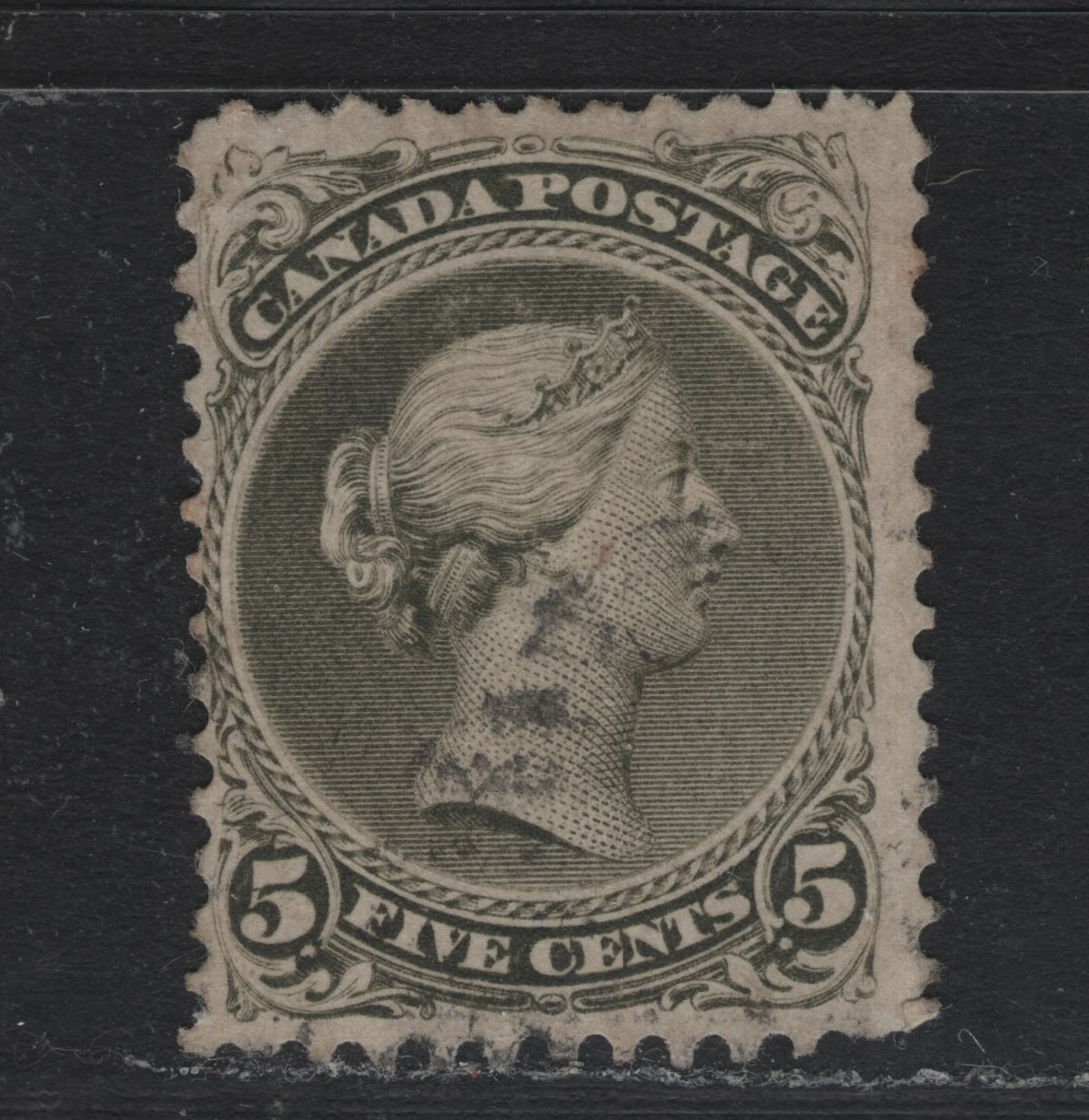 Lot 326 Canada #26 5c Olive Green , 1868-1876 Large Queen Issue, A Fine Used Single, Perf 11.6x12, MM-Y Paper