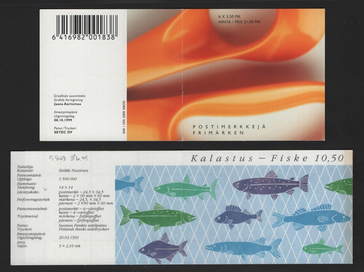 Lot 385 Finland SC#863, 1116 2.1m - 3.5m Multicolored , 1991-1999 Fishing - Finnish Product Design Issues, 2 VFNH Complete Booklets