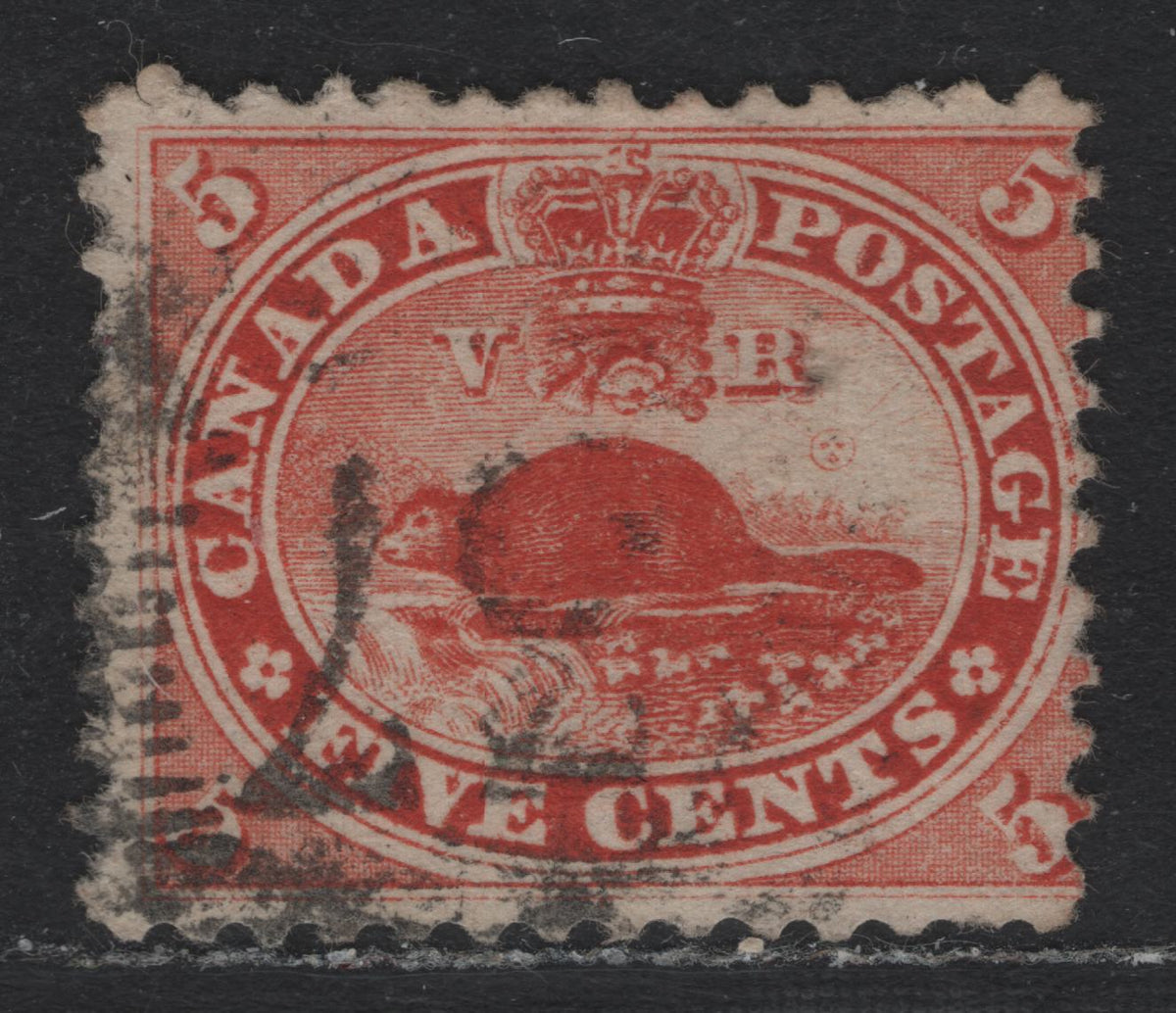 Lot 301 Canada #15 5c Vermillion , 1859-1864 First Cents Issue, A Very Good Used Single, Cents-E Paper, Perf 11.75x12, #37 Grid Cancel For Quebec.