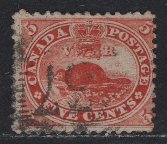 Lot 301 Canada #15 5c Vermillion , 1859-1864 First Cents Issue, A Very Good Used Single, Cents-E Paper, Perf 11.75x12, #37 Grid Cancel For Quebec.