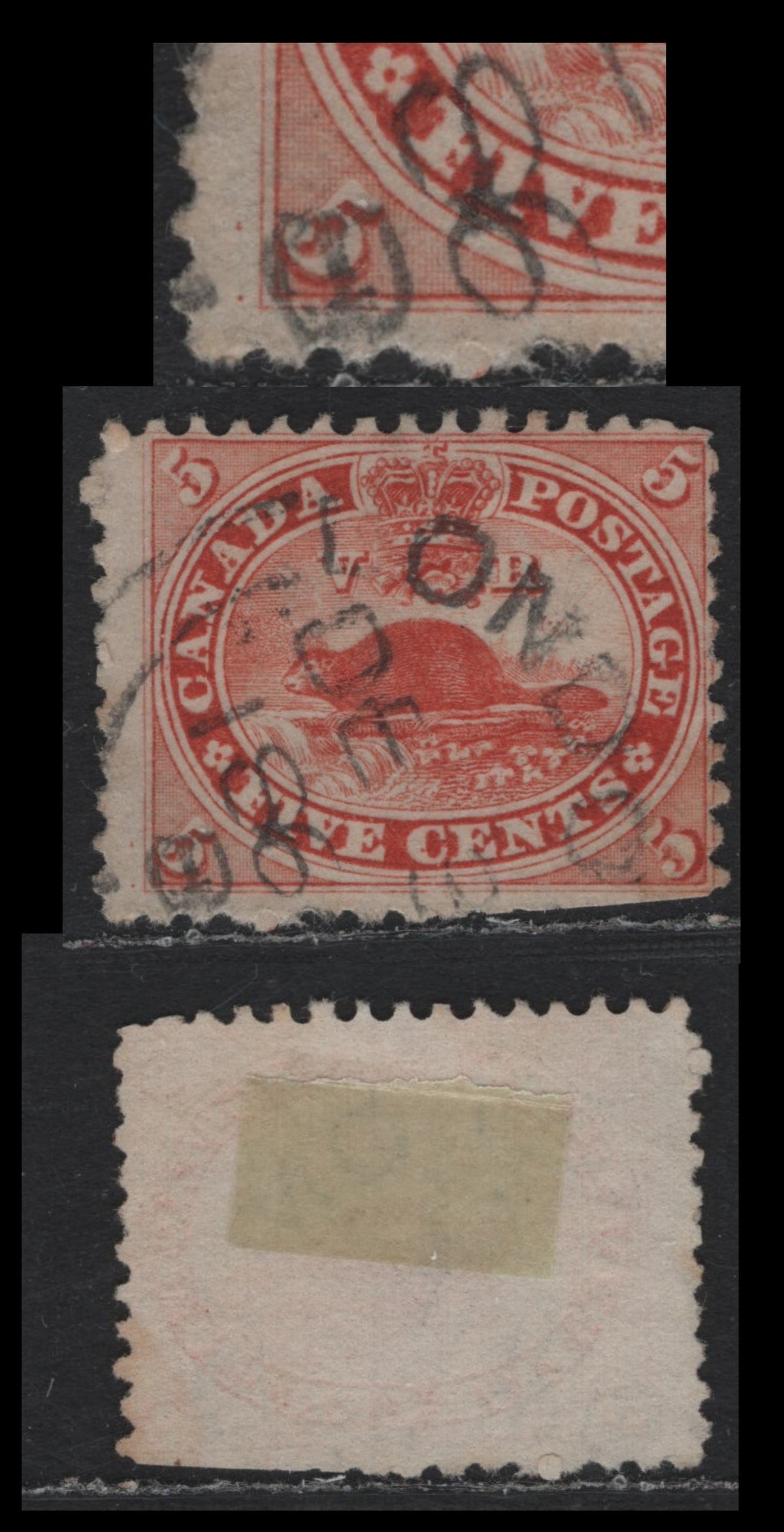 Lot 302 Canada (C)#15var 5c Vermillion , 1859-1864 First Cents Issue, A Fair Used Single, Perf 11.75x12, Cents-LLL Paper, Showing Two Pos. Dots At LL & Very Slight Double Transfer Of LL Frameline, Perfs Clipped In LL Corner.