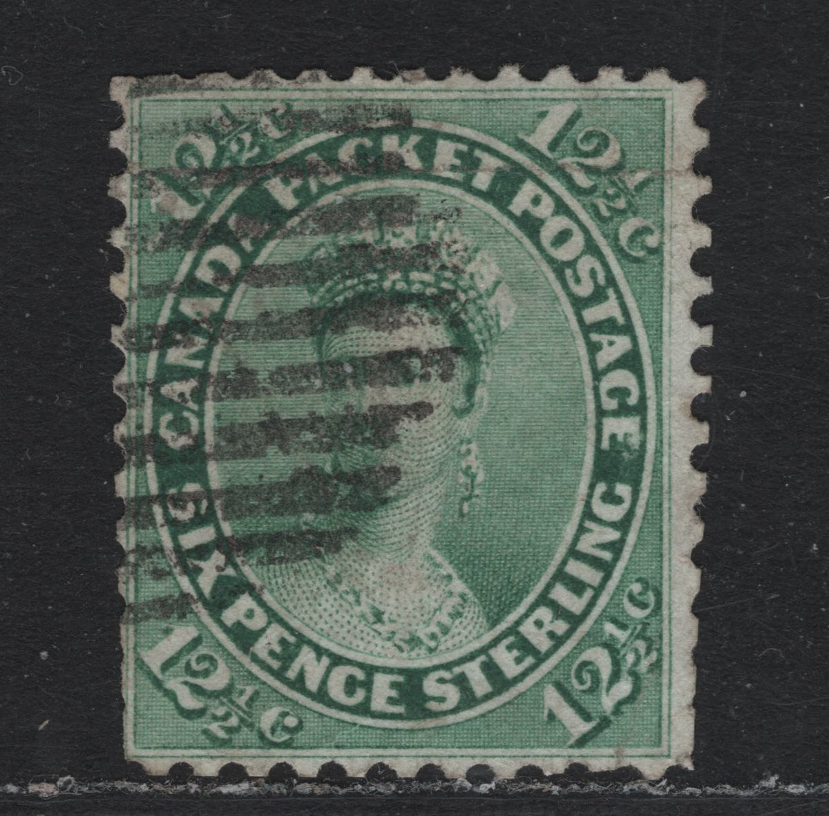 Lot 304 Canada (C)#18ii 12.5c Green , 1859-1864 First Cents Issue, A Fair Used Single, Scarce, Silky Smooth Cents-R Paper, Clipped Perfs & Horizontal Crease, But Still A Presentable Example Of A Rare Paper Type.