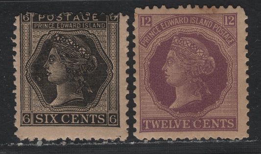 Lot 311 P.E.I (C)#15-16 6c - 12c Black - Purple , 1872 Queen Victoria Cents Issue, 2 VGNH/FOG Singles, Perfs 12.25x12 & 12.15x12.2