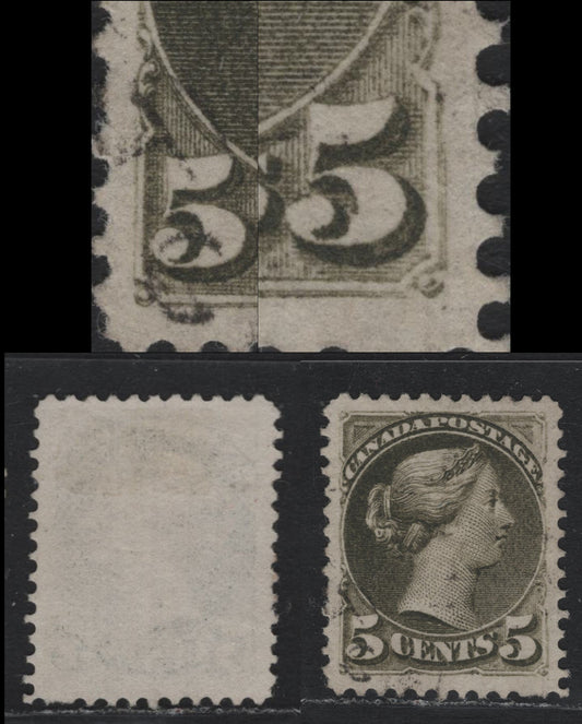 Lot 318 Canada #38avar 5c Olive Green , 1870-1893 Small Queen Issue, A Very Fine Used Single, Perf 11.75x12, Outer Column of the Sheet, Paper MM-F, Beautifully Centered & Lighest Possible Cancel, Unlisted Minor Re-Entry.