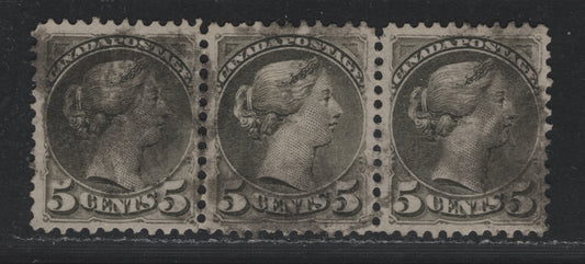 Lot 320 Canada #38avar 5c Slate Green , 1870-1893 Small Queen Issue, A Very Fine Used Horizontal Strip Of 3, Perf 11.6x12, MM-F Paper, VF Centering, But Medium Smudge Cork Cancels, OnlyThird Stamp Shows Pos. 2.