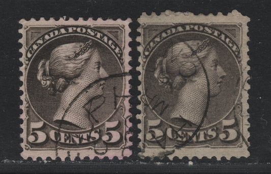 Lot 322 Canada (C)#42 5c Deep Gray - Deep Brownish Black , 1888-1897 Small Queen Issue, 2 Very Fine Used Singles, Second Ottawa Printings, 2O-H & 2O-N Papers, Perfs 12x12.1 & 12.
