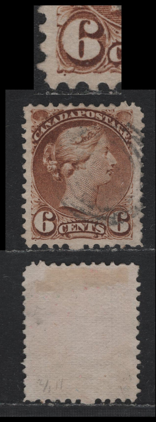Lot 326 Canada #39b 6c Yellow Brown , 1870-1893 Small Queen Issue, A Very Fine Used Single, Perf 11.5x12, Mid Montreal Printing, Paper MM-Z, Beautifully Centered & Light Cancel, Single Pos. Dot At LL.