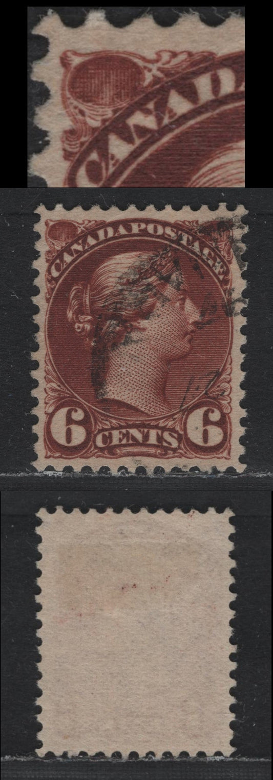 Lot 328 Canada #43 6c Deep Red Brown , 1888-1897 Small Queen Issue, A Very Fine Used Single, 2O-H Paper, Perf 12, Unobtrusive 1897 Cancel, Showing Very Minor Re-Entry, No Pos. Dot At LL.