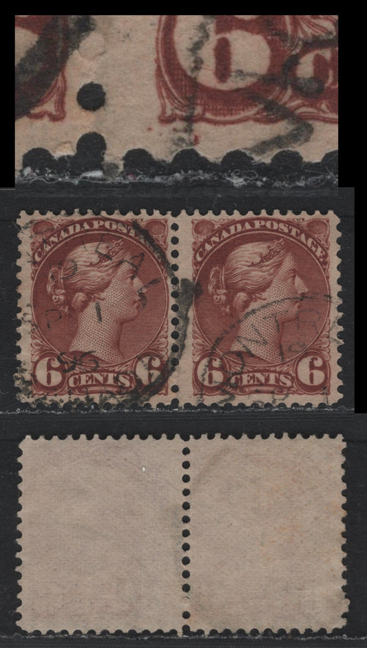 Lot 330 Canada #43 6c Deep Red Brown , 1888-1897 Small Queen Issue, A Fine Used Pair, Second Ottawa Printing, Perf 12x12.1, Paper 2O-FF, April 1 1896 Montreal Cancel, Both Stamps Show 3 Pos. Dots At LL.