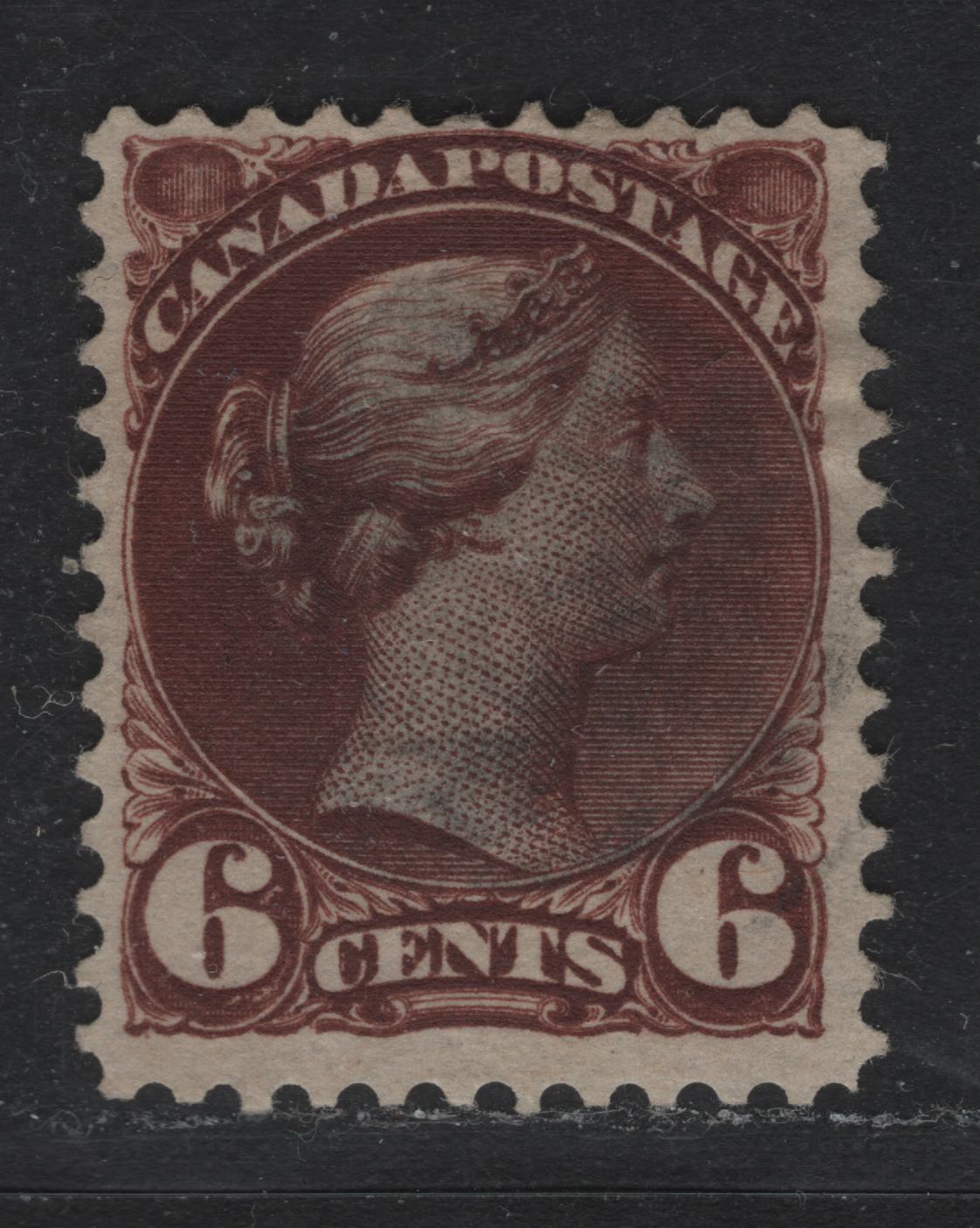 Lot 332 Canada #43a 6c Chocolate , 1888-1897 Small Queen Issue, A Fine Used Single, Second Ottawa Printing, Perf 12, 2O-EE Paper, Light Smudge Clump Cancel, Barely Detracts as Color Is So Deep.