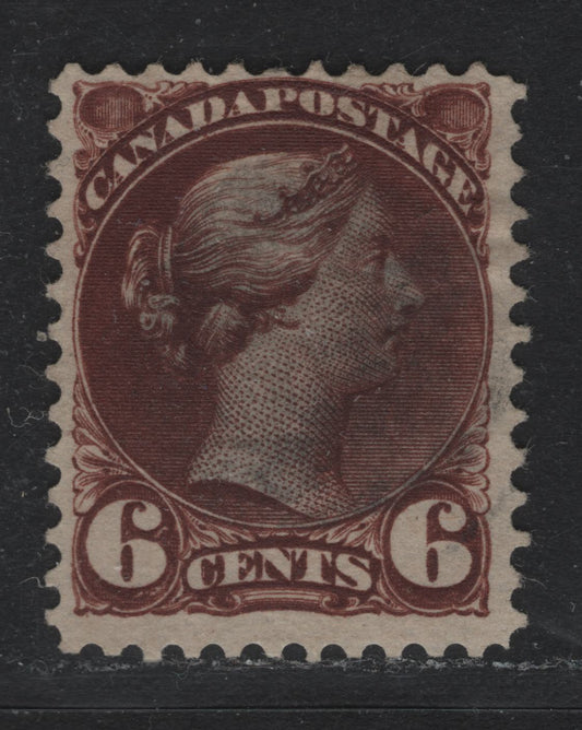 Lot 332 Canada #43a 6c Chocolate , 1888-1897 Small Queen Issue, A Fine Used Single, Second Ottawa Printing, Perf 12, 2O-EE Paper, Light Smudge Clump Cancel, Barely Detracts as Color Is So Deep.