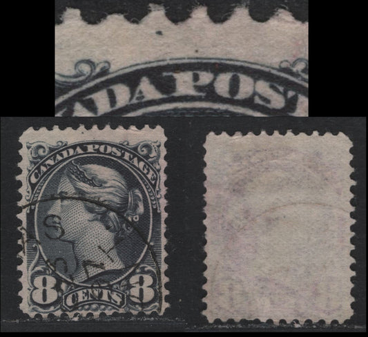 Lot 335 Canada (C)#44b 8c Slate , 1888-1897 Small Queen Issue, A Fine Used Single, 2O-LL Paper, Perf 12, Errant Pos. Dot In Upper Margin Between A & P Of Postage.