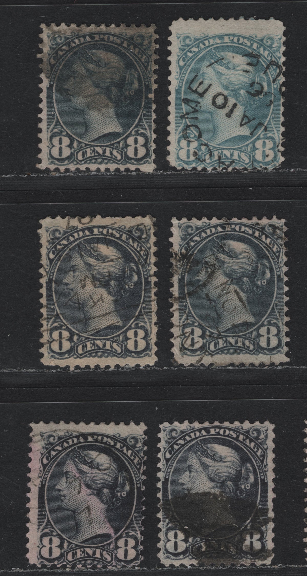 Lot 337 Canada (C)#44a-b 8c Light Blue - Slate , 1888-1897 Small Queen Issue, 6 Good/Fine Used Singles, Selection of Very Good & Fine Used Singles, Unchecked As To Specific Papers & Perfs, Though Most Appear To be 2O-H & 2O-LL.