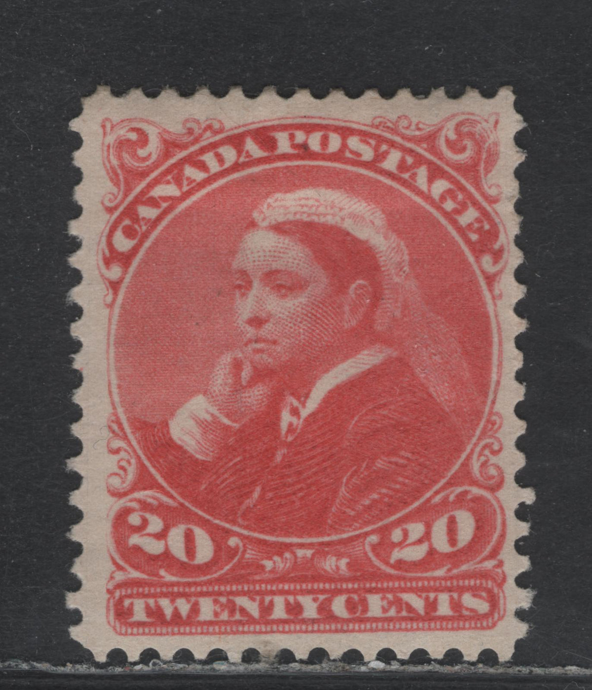 Lot 350 Canada #46 20c Vermillion , 1888-1897 Small Queen Issue, A FOG Single, 2nd Ottawa Printing, 2O-I Paper, Perf 12, Very Shallow And tiny Gum Thin That Just Barely Shows In Watermark Fluid.