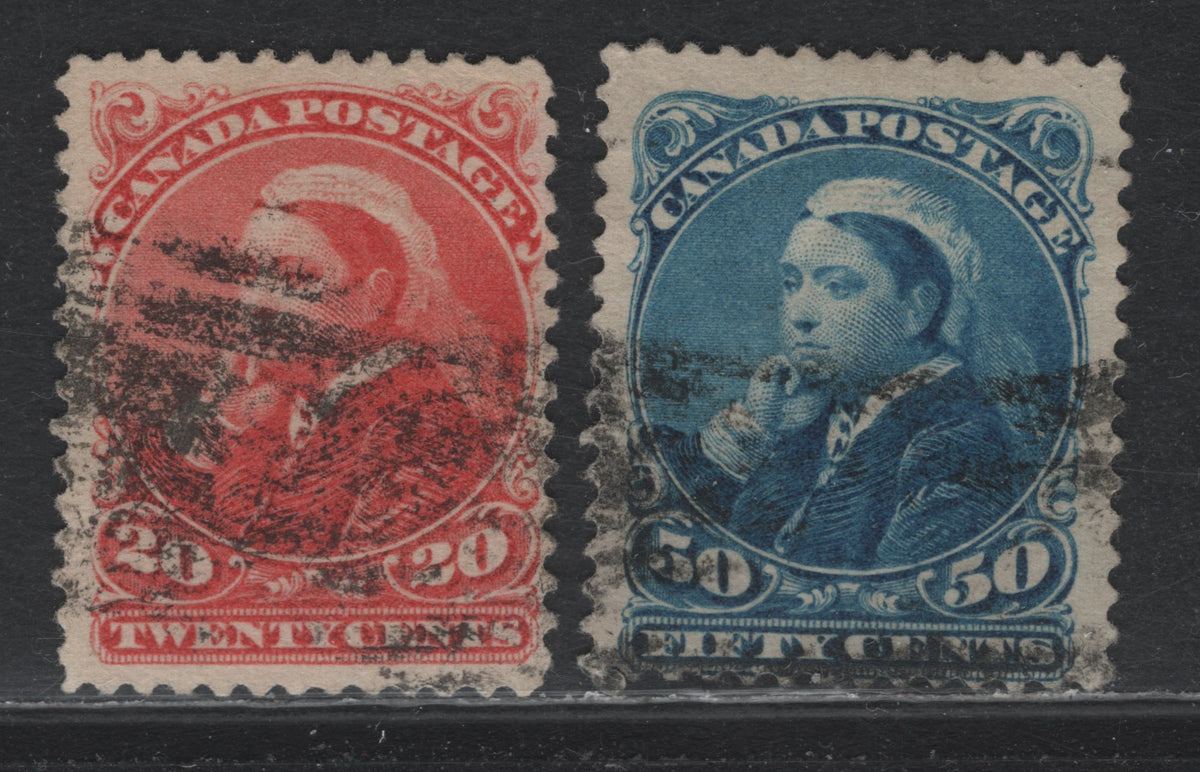 Lot 354 Canada #46-47 20c - 50c Vermillion - Blue , 1888-1897 Small Queen Issue, 2 Good/Very Good Used Singles, Presentable Used Examples With Smudgy Cancellations, Perfs 12x12.1 & 12.1