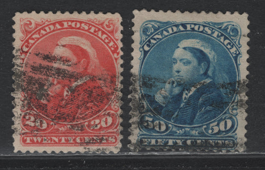 Lot 354 Canada #46-47 20c - 50c Vermillion - Blue , 1888-1897 Small Queen Issue, 2 Good/Very Good Used Singles, Presentable Used Examples With Smudgy Cancellations, Perfs 12x12.1 & 12.1