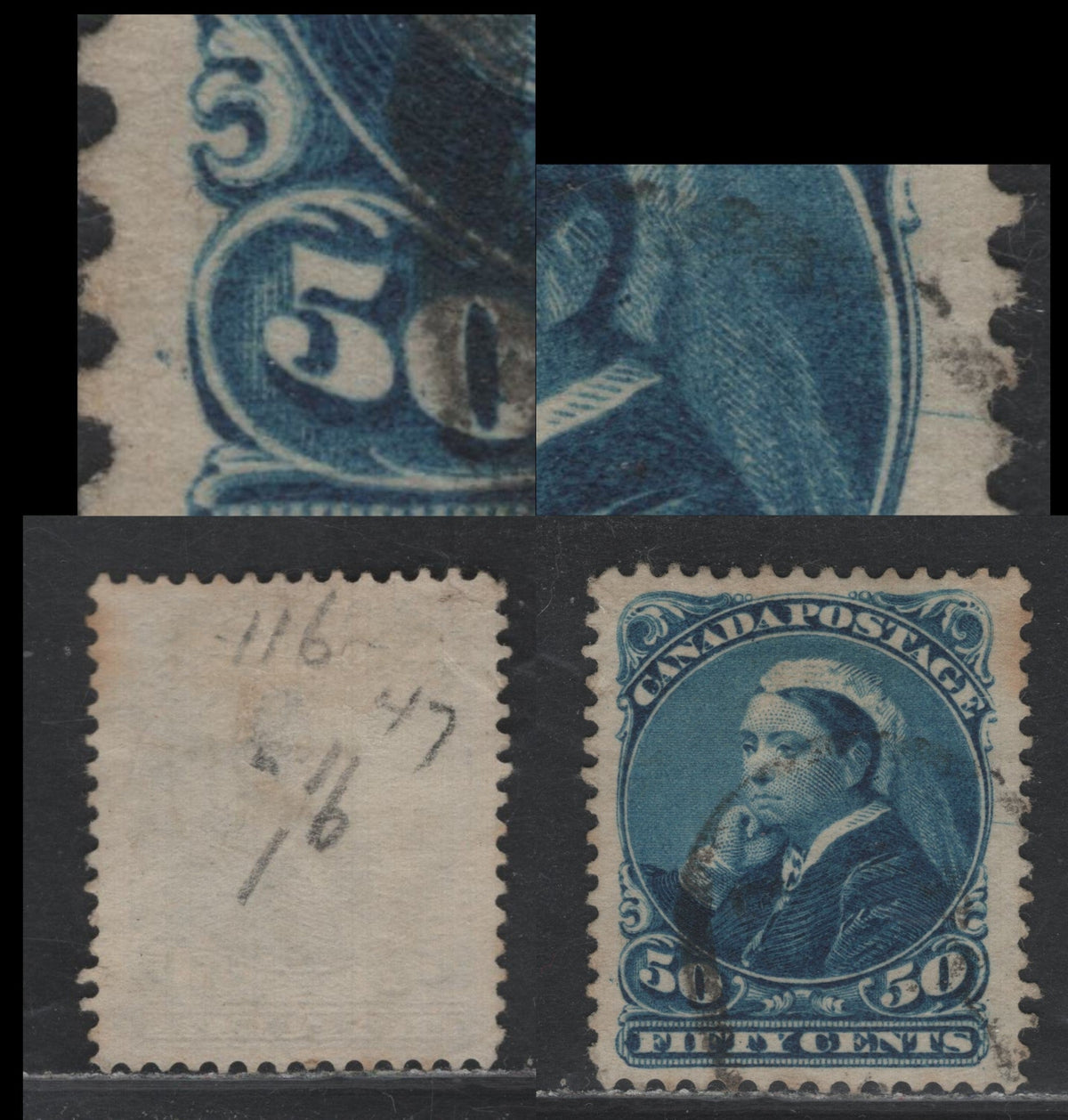 Lot 355 Canada (C)#47var 50c Deep Blue , 1888-1897 Small Queen Issue, A Very Fine Used Single, Cracked Plate, Showing Line From Medallion Through Right Margin, 2O-J Paper, Perf 12.1x12