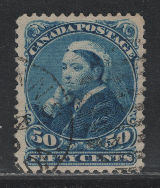 Lot 356 Canada #47 50c Blue , 1888-1897 Small Queen Issue, A Very Fine Used Single, 2O-J Paper, Perf 12.1x12, Lovely Large Margins & Light Duplex Cancel.