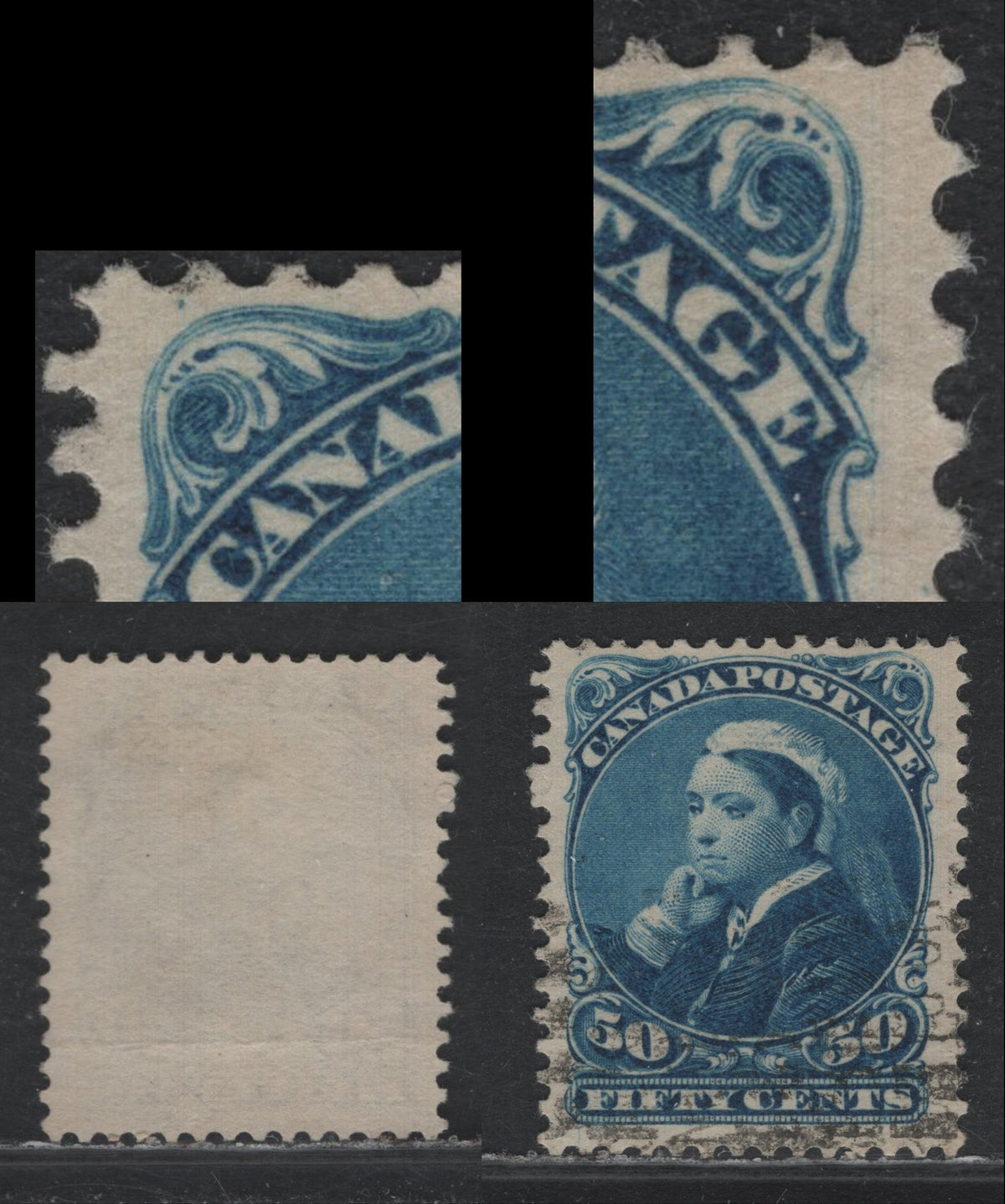 Lot 359 Canada #47var 50c Blue , 1888-1897 Small Queen Issue, A Very Good Used Single, Second Ottawa Printing, 2O-I Paper, Showing Unlisted Plate Pos. Dot Above UL Scroll And Feint Verticale Guideline Along UR Scolls, Perf 12.