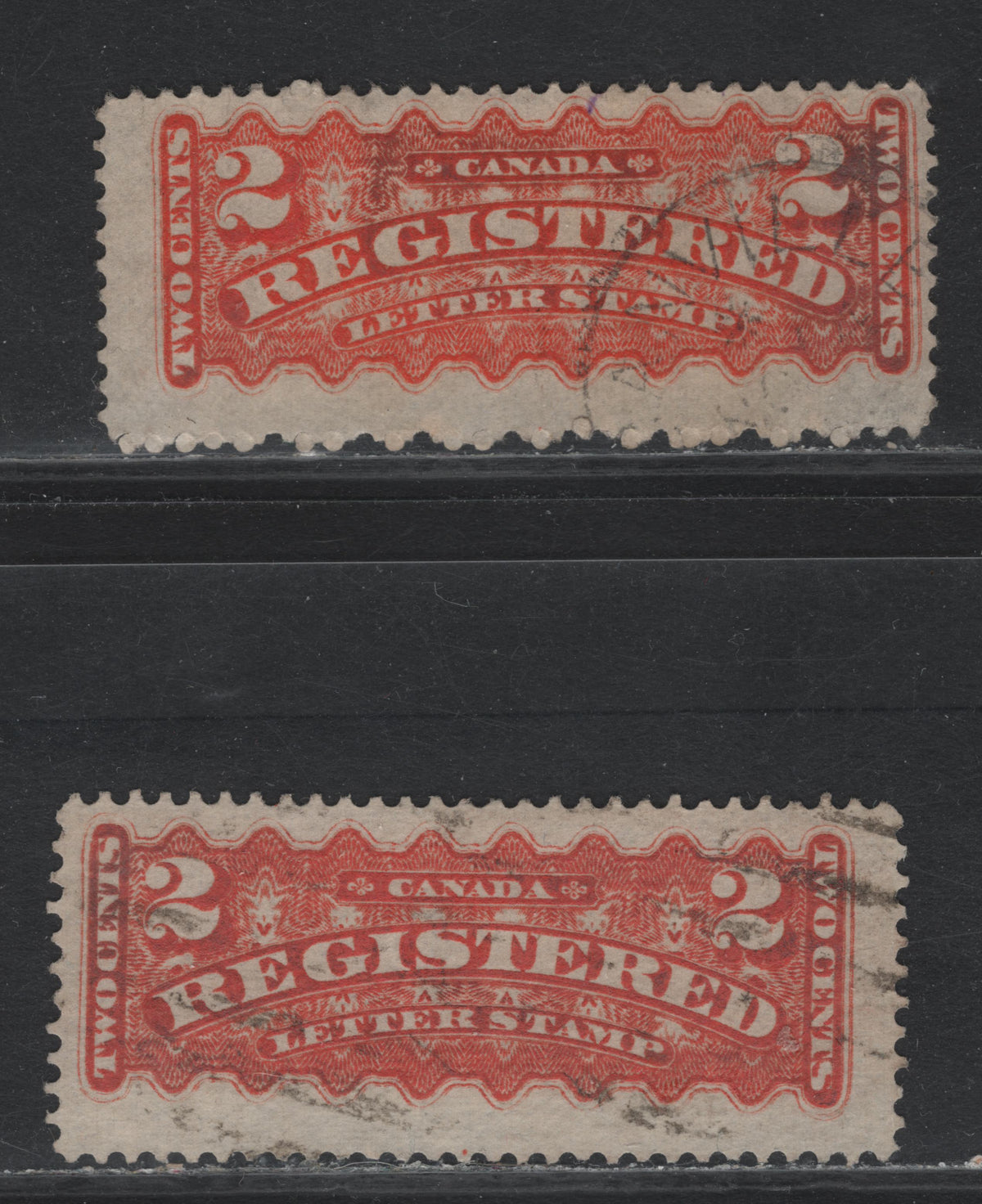 Lot 363 Canada #F1, F1i 2c Orange - Orange Red , 1875-1896 Registration Issue, 2 Fine Used Singles, Mid & Late Montreal Printings, MM-Y  LM-F Papers, Perf 12.2x12.1, Both Have Plate Pos. Dot In Bottom Center Margins.