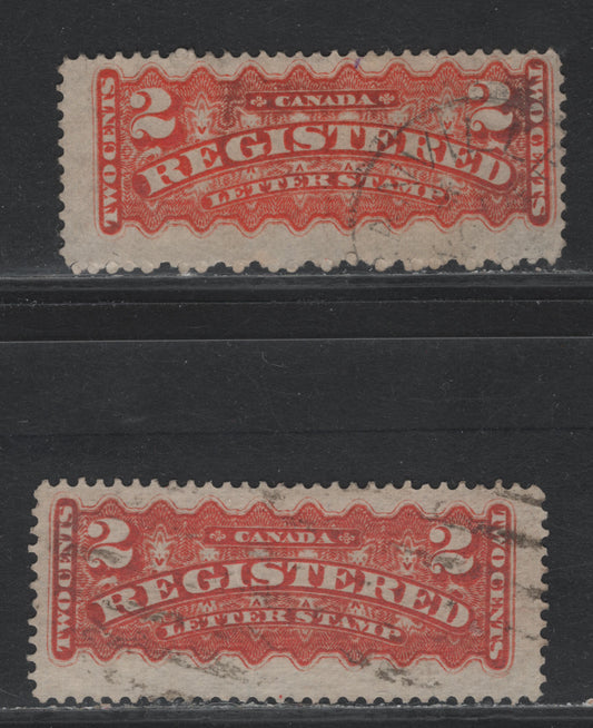 Lot 363 Canada #F1, F1i 2c Orange - Orange Red , 1875-1896 Registration Issue, 2 Fine Used Singles, Mid & Late Montreal Printings, MM-Y  LM-F Papers, Perf 12.2x12.1, Both Have Plate Pos. Dot In Bottom Center Margins.