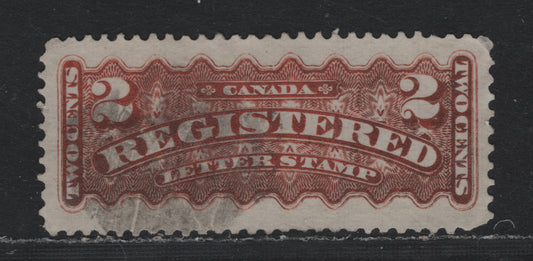 Lot 365 Canada #F1d 2c Oxidized Orange , 1875-1896 Registration Issue, A Fine Used Single, Mid Monreal Printing, Paper MM-Z Paper, Perf 12x11.6, Well Centered, But Rounded Corner At LL, Smudgy Cork Cancel.