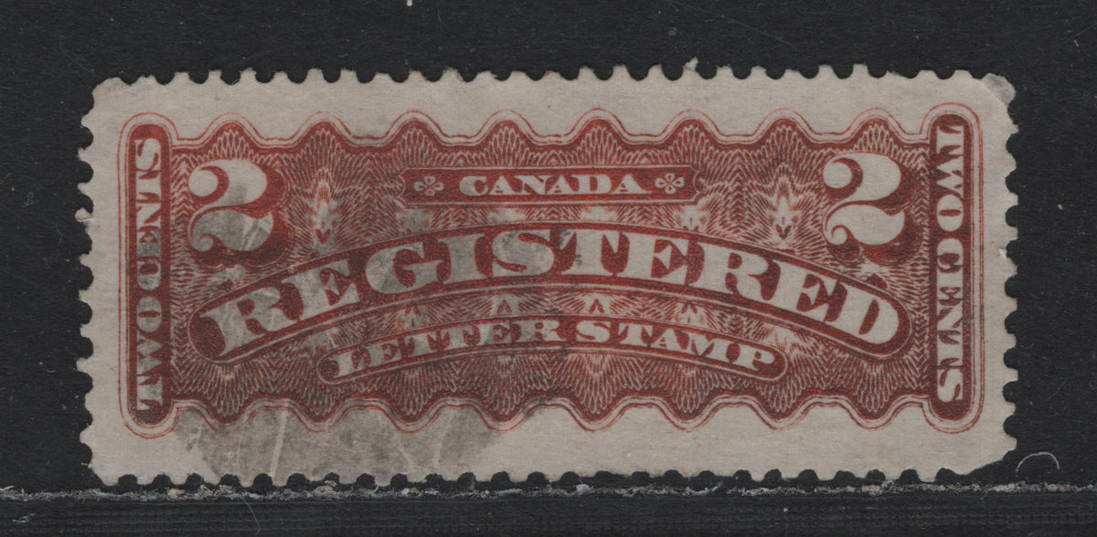 Lot 365 Canada #F1d 2c Oxidized Orange , 1875-1896 Registration Issue, A Fine Used Single, Mid Monreal Printing, Paper MM-Z Paper, Perf 12x11.6, Well Centered, But Rounded Corner At LL, Smudgy Cork Cancel.