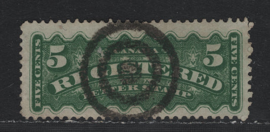 Lot 369 Canada #F2i 5c Dark Green , 1875-1896 Registration Issue, A Very Fine Used Single, Late Montreal Printing, LM-D Paper, Perf 12, Lovely Crisp Strike Of 3 Ring Bullseye Cancel, Placing It In The Early 1880's.