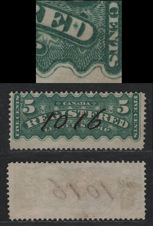 Lot 372 Canada #F2a 5c Blue Green , 1875-1896 Registration Issue, A Fine Used Single, Montreal Gazette Printing, LM-F Paper, Perf 12,Showing A Large Burr Inside D of Registered.