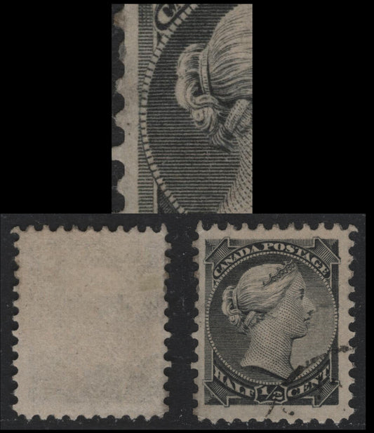 Lot 378 Canada #34ivar 1/2c Gray Black , 1870-1893 Small Queen Issue, A Very Fine Used Single, Late Montreal Printing, MG-E Paper, Perf 12, Showing Unusual Medallion Dot At 9 O'Clock.
