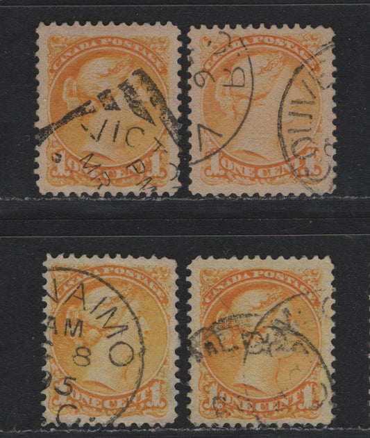 Lot 380 Canada (C)#35 1c Yellow - Bright Yellow , 1870-1893 Small Queen Issue, 4 Very Good/Fine/Very Fine Used Singles, Second Ottawa Printings, Unchecked As To Specific Papers & Perfs, Including The Three Different Shades.