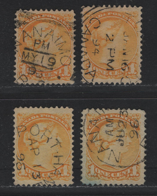Lot 382 Canada (C)#35 1c Dull Yellow - Yellow , 1870-1893 Small Queen Issue, 4 Very Fine Used Singles, Second Ottawa Printings, SON Cancels, Unchecked As To Specific Papers & Perfs.