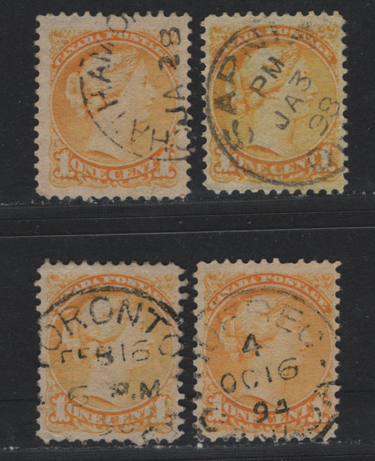 Lot 384 Canada (C)#35 1c Deep Lemon Yellow - Yellow , 1870-1893 Small Queen Issue, 3 Very Fine Used Singles, Second Ottawa Printings, SON Cancels From Ontario & Quebec, Unchecked As To Specific Papers & Perfs.