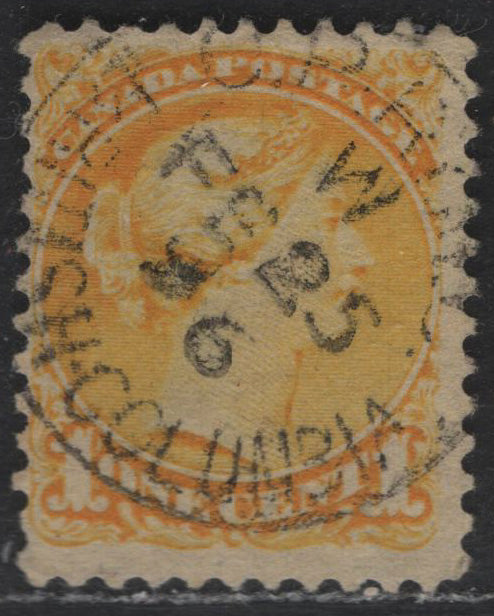 Lot 385 Canada (C)#35 1c Yellow , 1870-1893 Small Queen Issue, A Very Fine Used Single, Second Ottawa Printing, SON Strike Of The BC RPO Hammer 21 Used Aboard The Trains Operating In The BC Mountains Between 1885 & 1899