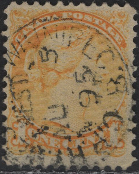 Lot 385A Canada (C)#35 1c Yellow , 1870-1893 Small Queen Issue, A Fine Used Single, Second Ottawa Printing, SON Strike Of The CPR Westminister-Winnipeg Railway Line On August 5 1895
