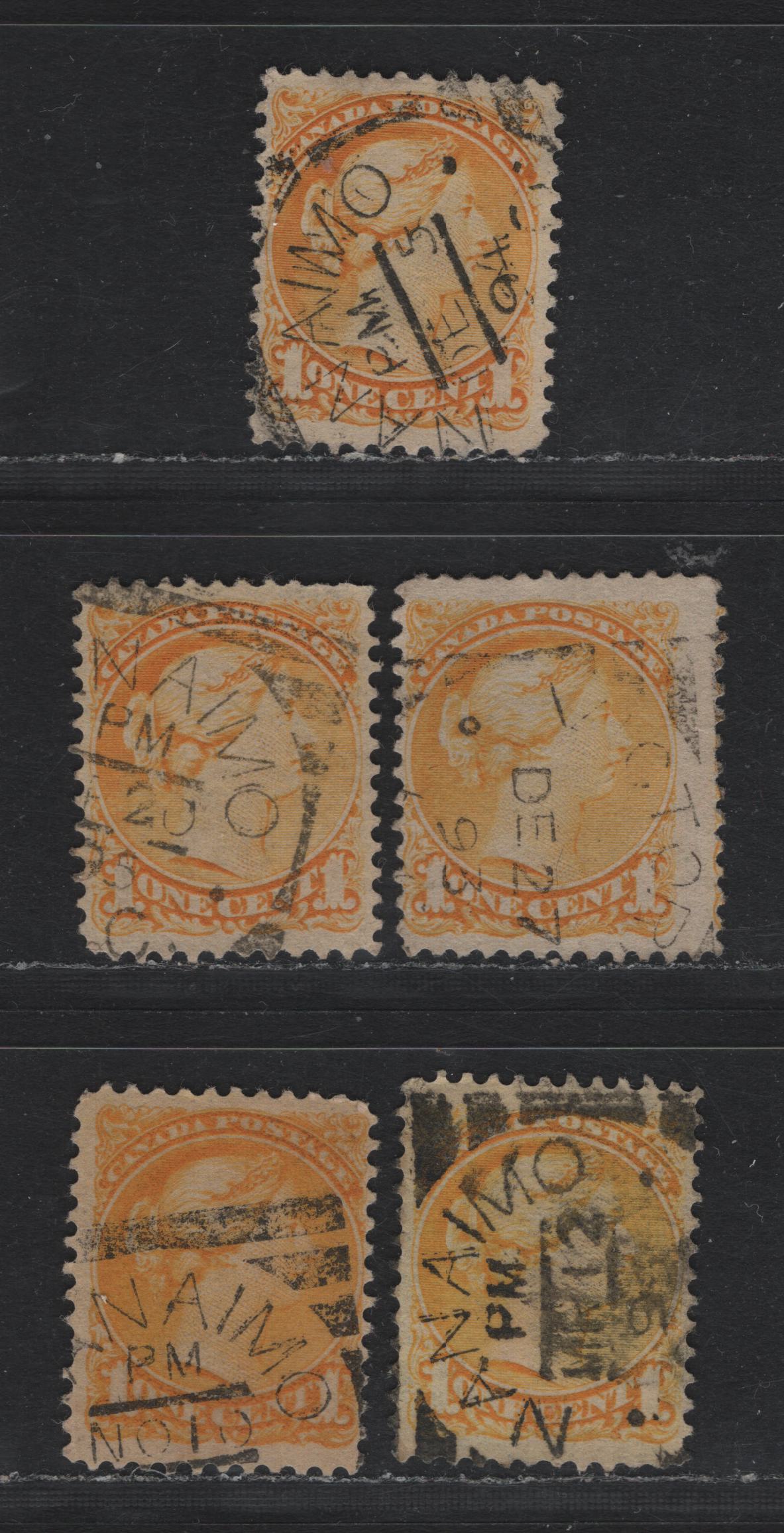 Lot 387 Canada (C)#35 1c Yellow - Dull Yellow , 1870-1893 Small Queen Issue, 5 Fine/Very Fine Used Singles, Second Ottawa Printings, Type 2 Victoria & Nanaimo Squared Circle Cancellations, Unchecked As To Specific Papers & Perfs.