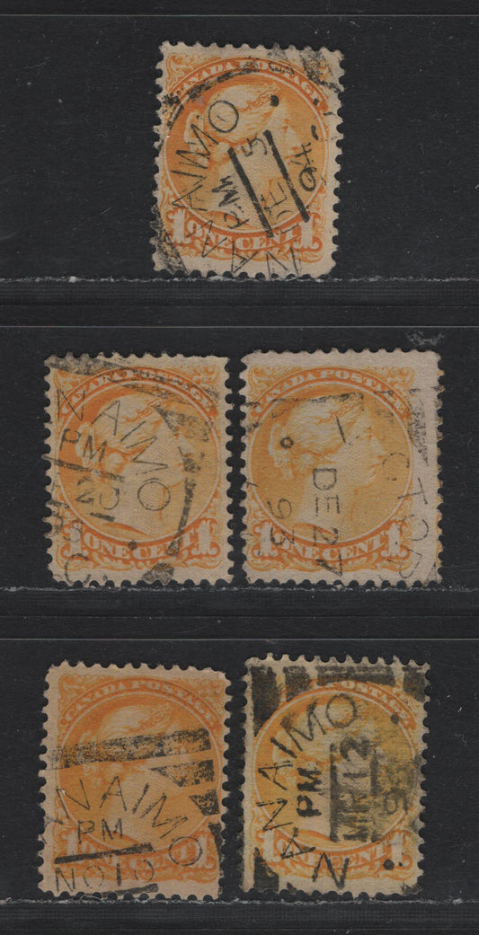 Lot 387 Canada (C)#35 1c Yellow - Dull Yellow , 1870-1893 Small Queen Issue, 5 Fine/Very Fine Used Singles, Second Ottawa Printings, Type 2 Victoria & Nanaimo Squared Circle Cancellations, Unchecked As To Specific Papers & Perfs.