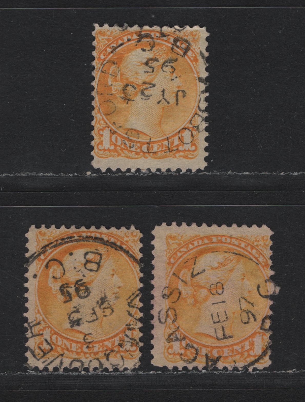 Lot 389 Canada (C)#35 1c Yellow , 1870-1893 Small Queen Issue, 3 Fine Used Singles, Second Ottawa Printings, Unchecked As To Specific Papers & Perfs, BC CDS & Split Ring Cancels.