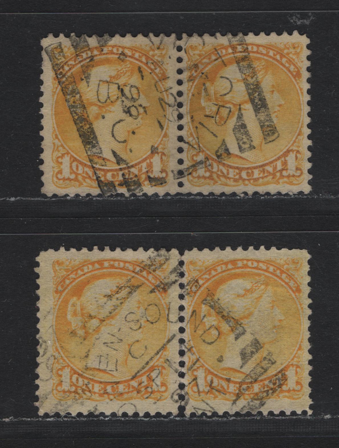 Lot 390 Canada (C)#35 1c Yellow , 1870-1893 Small Queen Issue, 2 Fine/Very Fine Used Pairs, Second Ottawa Printings, Unchecked As To Specific Papers & Perfs, August 29 1896 Victoria BC & September 14 1897 Owen Sound Type 2 Squared Circle Cancel.