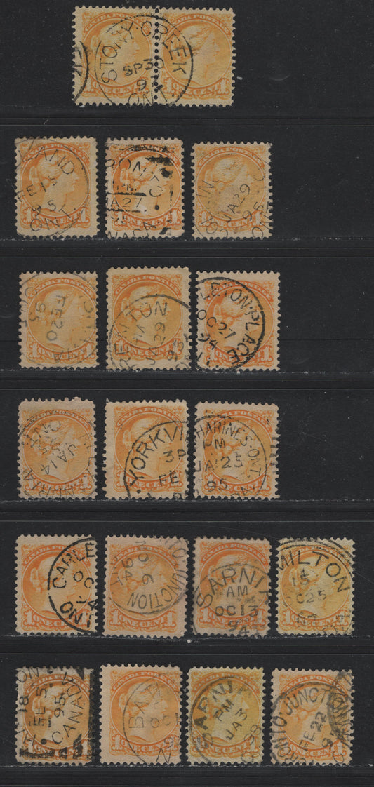 Lot 392 Canada (C)#35 1c Lemon Yellow - Dull Yellow , 1870-1893 Small Queen Issue, 18 Fine Used Singles, Second Ottawa Printings, Unchecked As To Specific Papers & Perfs, Ontario CDS & Squared Circle Cancels.
